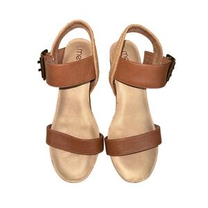 Me Too Knock Wedge Sandals Womens 6.5M Pre-Owned Brown Leather Espadrille Buckle